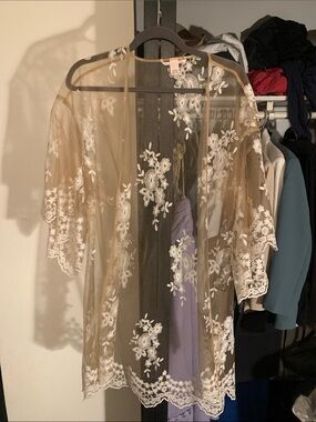 Victoria's Secret Sheer Beige Lace Robe with White Floral Embroidery